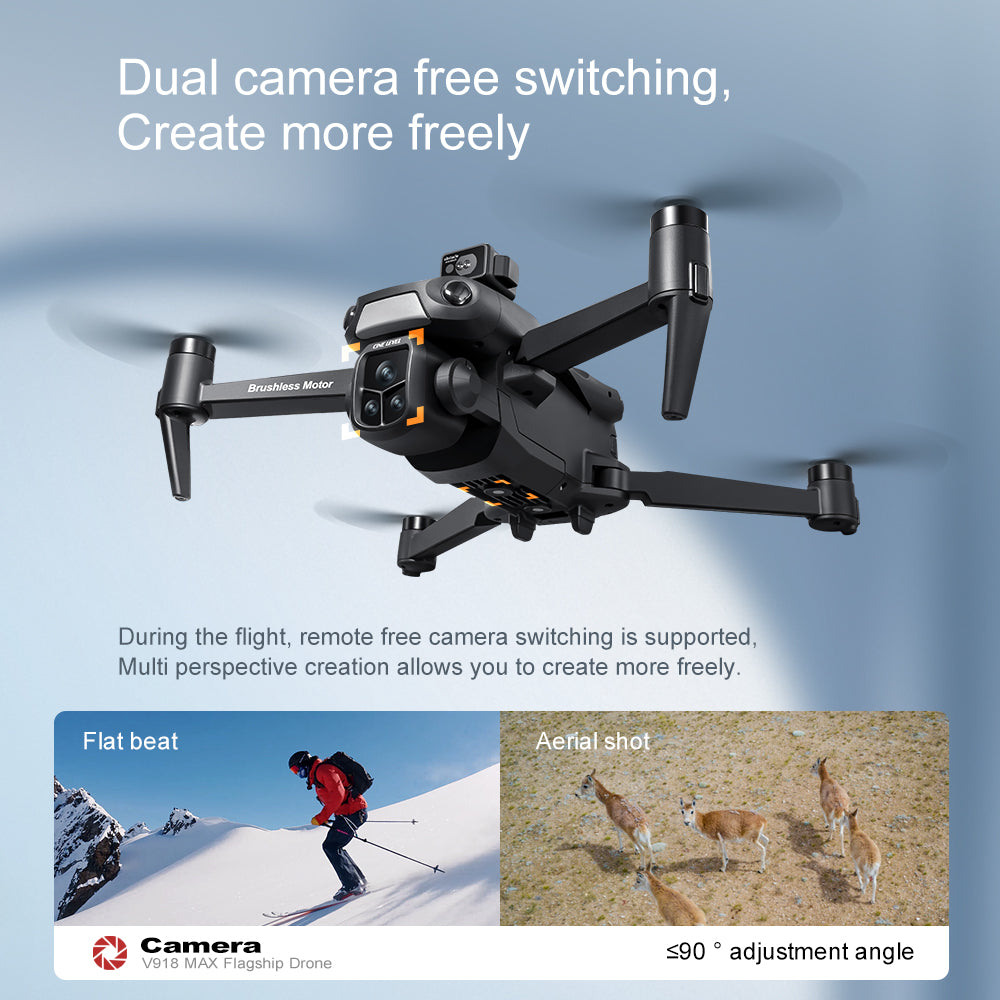 The V918 MAX drone allows for free adjustment of the camera to take photos during flight.